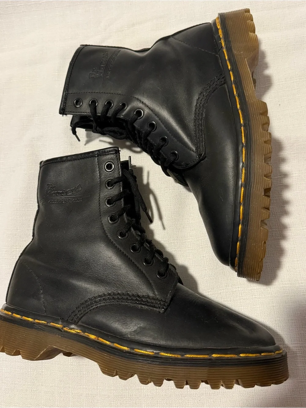 Dr. Martens Black Leather Lace-Up Combat Boots with‎ Yellow Stitching sku182